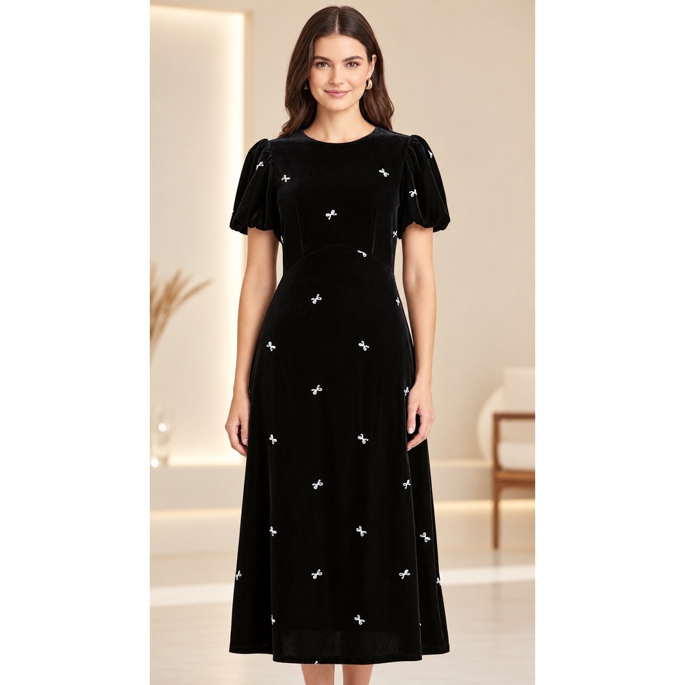 J.Crew Velvet Midi Dress Womens 4 Black Embroidered Bow Puff Sleeve Pockets